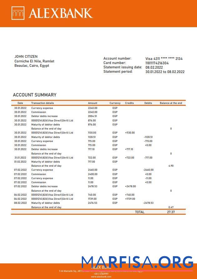Downloadable Egypt Alex bank of Egypt bank statement word template